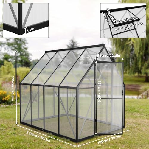 Gewächshaus Aluminium Treibhaus mit Transparent PC Platten Dachfenster & Tür & Fundament 230x180x195cm Winterfest Gartengewächshäuser Begehbares Pflanzenhaus für Garten Outdoor – Bild 4