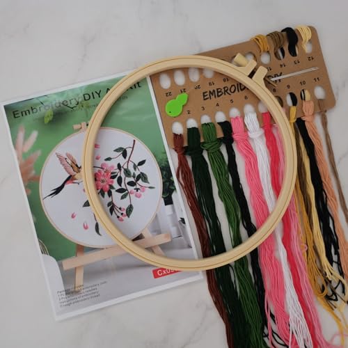 Image of Esffaci Embroidery Starter Kit for Adult Beginner with Hummingbird Flower Pattern Hand Embroidery Set with Cloth Hoop Needle Threader Floss and Instruction