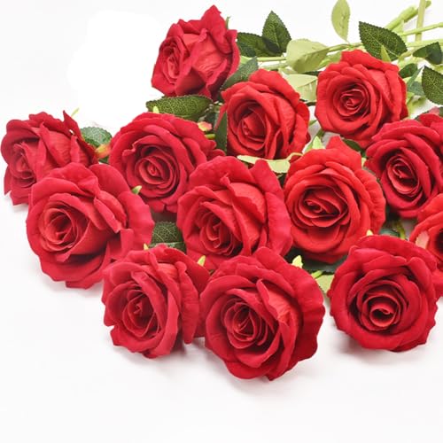 12PCS Artificial Rose Flowers Bouquet Long Stem Fake Rose Flowers Silk Realistic Blossom Rose Plants for Home Garden Wedding Office Decoration (Red) image 2