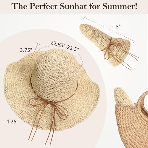Image of Beach Sun Straw Hats for Women, Floppy Wide Brim Summer Straw Hats, Foldable Packable Roll up Cap