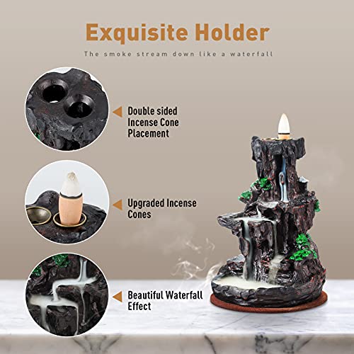 Ronlap Dual Sided Mountain Waterfall Incense Burner, Resin River Tower Backflow Incense Holder, Cool Aromatherapy Incense Fountain Smoke Waterfall With 120 Upgraded Incense Cones+30 Incense Sticks #TOP5