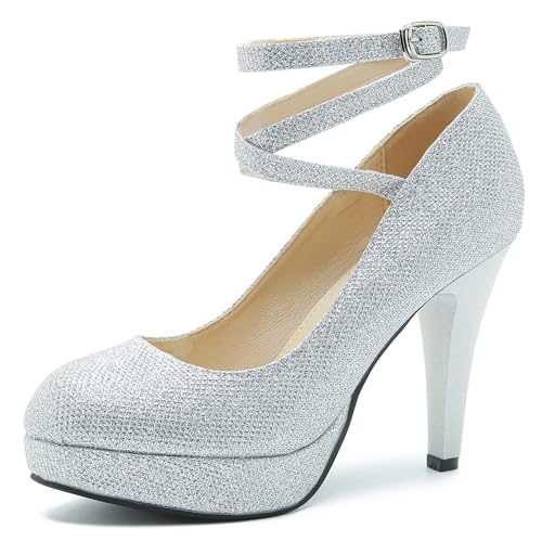 Women's Platform High Heel Pumps with Criss Cross Ankle Strap, 4 Inch Heel, 0.8 Inch Platform Silver Glitter 47 - US 13