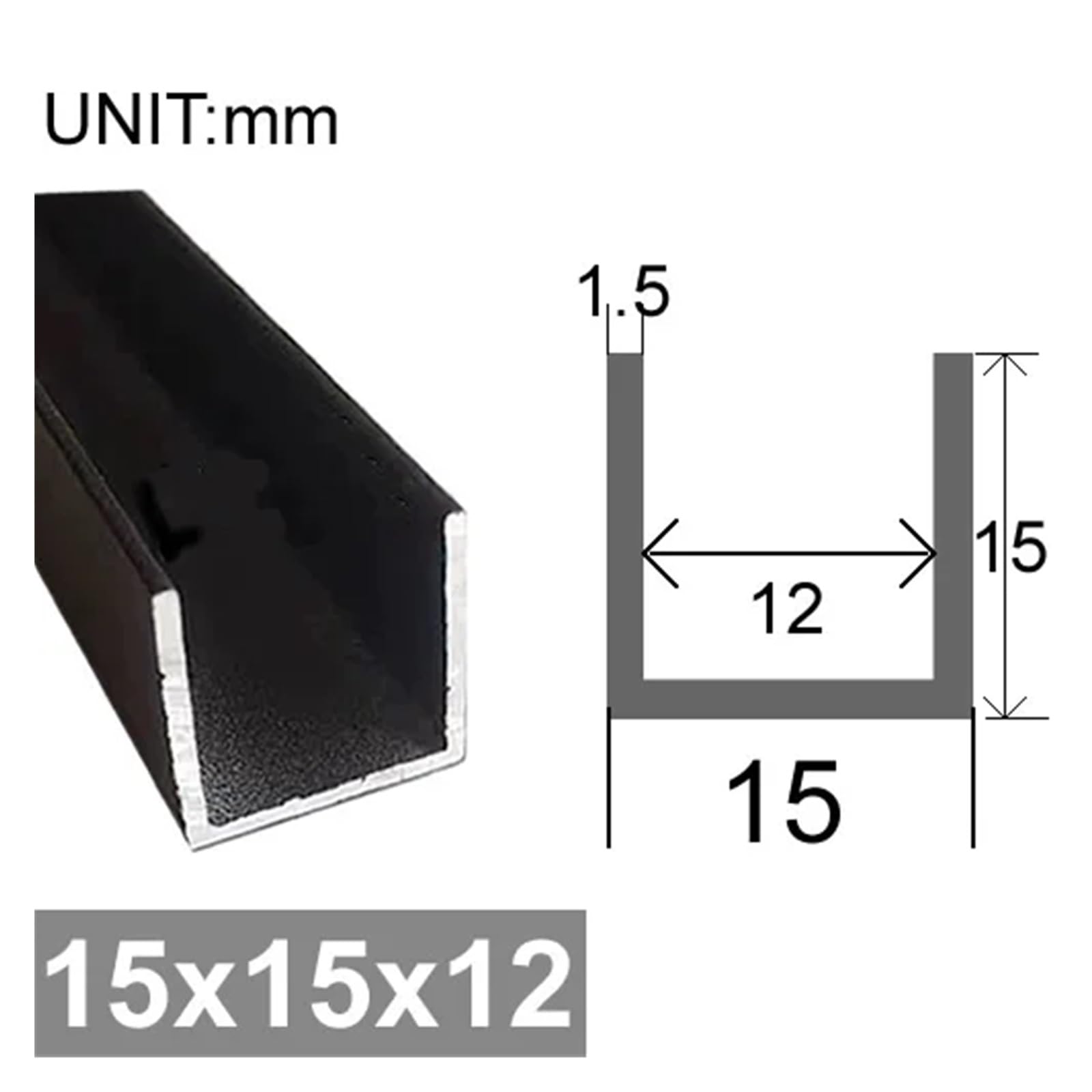Rura aluminiowa 6063T5 Czarny kanał U z aluminiowym rowkiem Równoważnik krawędzi (15 x 15 x 12 mm)