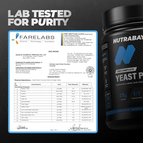 Image of Nutrabay Fermented Yeast Protein Powder - 500g, Rich Chocolate Creme | 25g Protein, 6.7g BCAA | 9 EAAs | PDCAAS 1 | Gut Friendly | Superior Muscle Growth | Sugar, Lactose & Soy Free