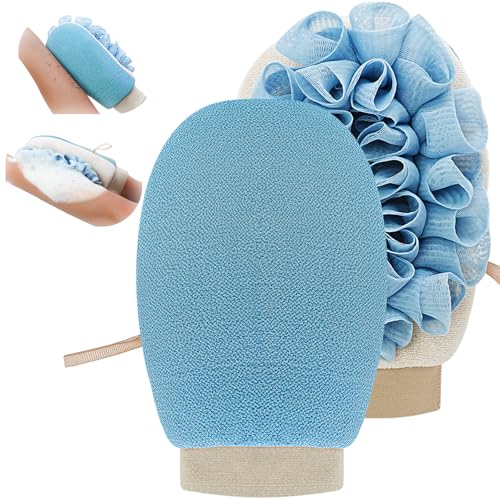Loofah Exfoliating Mitt, 2-in-1 Dual-Sided Body Scrubber, Dead Skin Remover for Keratosis Pilaris & Self Tanning Removal, Suitable for Daily Shower Use, Blue (1-Pack)