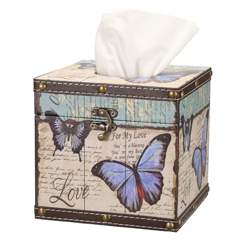 TOLIDA PU+ Wood Square Tissue Box Cover - Retro Household Cube Tissue Box Holder Organizer, Tissue Paper Dispenser for Bathroom, Blue Butterfly