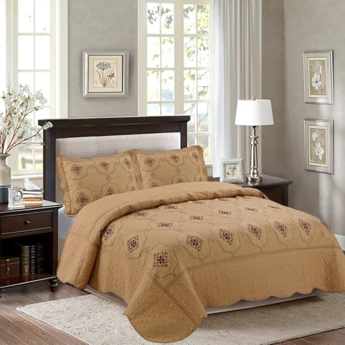 MarCielo 3-Piece Embroidery Quilt Set Lightweight Bedspread Set Coverlet Set Emma (Gold, Queen (106
