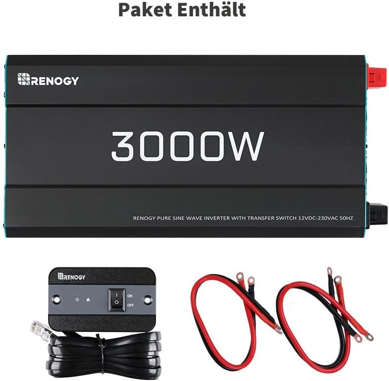 Renogy 3000W Pure Sine Wave Inverter package contents including inverter, remote control, and battery cables.