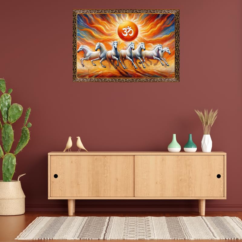 7 White Horses with Om Wall Photo Frame 8x10 Inch | Decorative Art