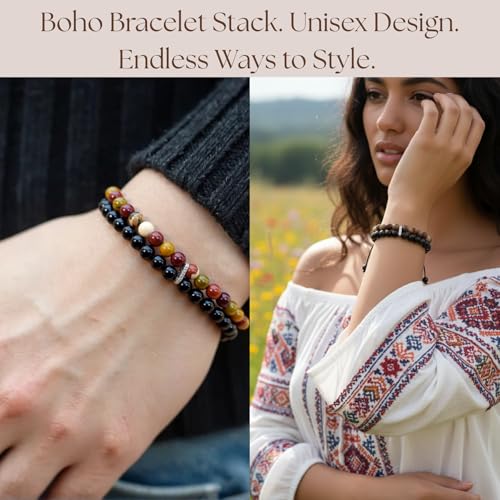 6MM Stackable Healing Bracelet - Mookaite Jasper & Silver Sheen Obsidian Beads for Peace, Prosperity & Positive Energy | Adjustable Handwoven Cord | Boho Chic Spiritual Jewelry4