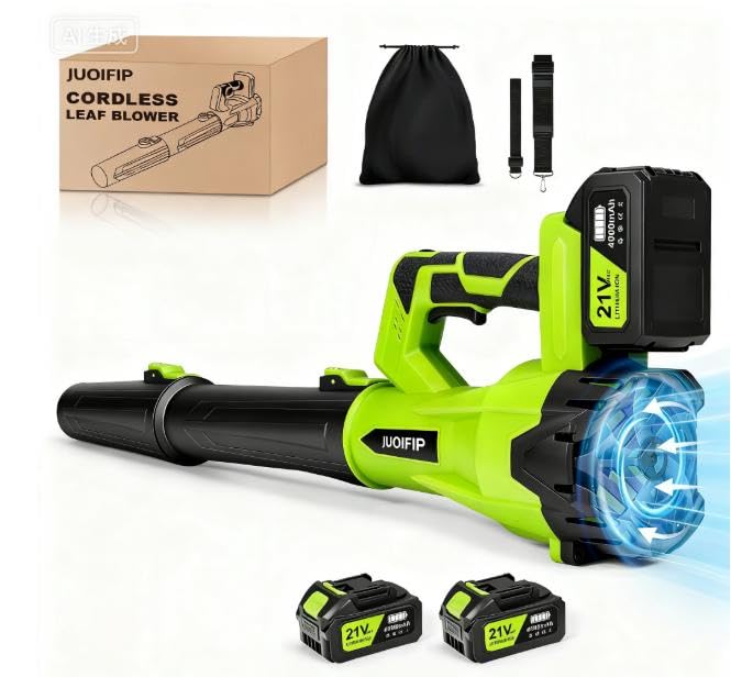 JUOIFIP 21V Soplador de Hojas, 6 Velocidades Sopladora de Hojas, Soplador 2 Baterías de 4Ah, Flujo de Aire de 290 km/h, Correa para el Hombro para Soplar Hojas, Nieve, Polvo y Residuos