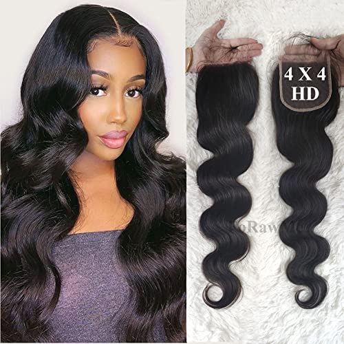 Forawme Brazilian Virgin Human Hair HD Transparent Lace Closure Human Hair Pieces 18 Inch 1B Body Wave 4X4 Pre Plucked Lace Closure With Natural Hairline