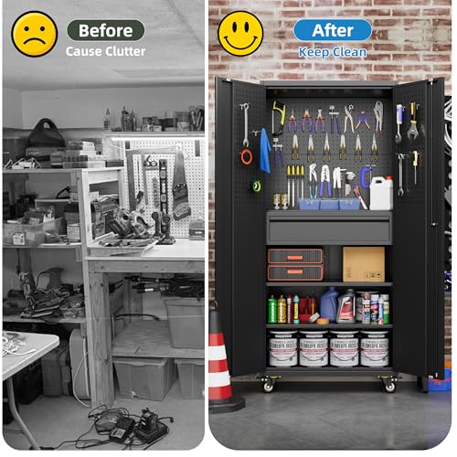 Image of Aobabo 71 inch H Metal Storage Cabinet with Wheels with 5 Pegboards and 1 Drawer,Lockable Steel Tool Cabinet for Garage,Warehouse,Assembly Required,Black