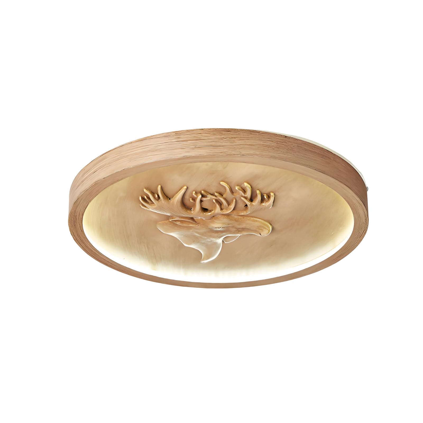 YNVIOZM Wood-Grain LED Close to Ceiling Light, Resin Carved Deer Head Round Flush Mount Ceiling Lamp 1.5 Inches Ultra-Thin LED Lighting Fixtures for Bedroom, Entryway, Laundry Room, Hallway