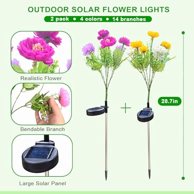 Solar Flowers Lights, 2 Pack Solar-Powered Outdoor Light with 14 Blooming Flowers, Waterproof Lights for Outside Yard, Garden, Pathway, Walkway, Patio, Lawn, Cemetery, Grave Decor