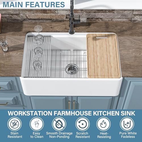 HOMLYLINK White Farmhouse Workstation Sink 33 x 20 Inch, Firecaly Apron Front Undermount Farm Sink, Heavy Duty Deep Single Bowl, w 4 Accessories, Only Sleek Front Usable, White, for Kitchen by HOMLYLINK - Image 2