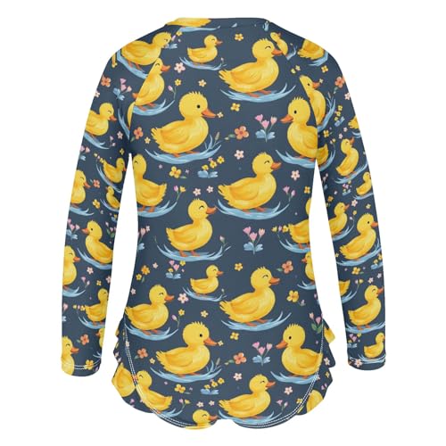 Duck Flower Pattern Girls Long Sleeve Swimsuit Rash Guard One Piece Bathing Suits Zipper 3-12T3