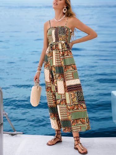 Image of CUPSHE Women Spaghetti Straps Boho Maxi Dress Summer Sleeveless Smocked Floral Beach Long Dress Flowy Cruise Vacation Outfits