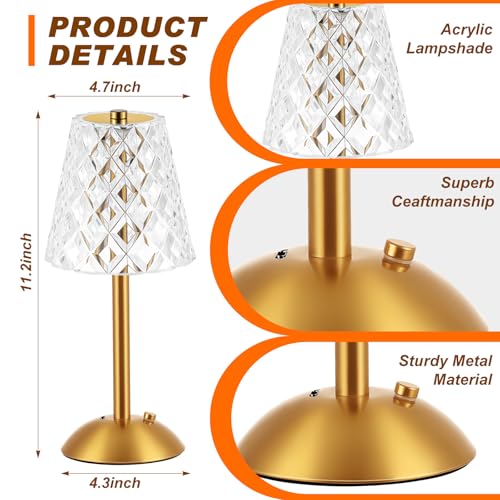 Image of Liliful 4 Pcs Cordless Table Lamp Rechargeable Touch LED Small Gold Portable Battery Operated USB-c Desk Lamp 3 Color Dimmable for Bedroom Living Room Dining (Gold,Diamond Style)