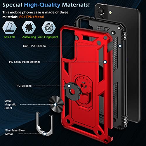Image of Case for Samsung Galaxy S21 5G Case Heavy Duty with Built in Screen Protector Hard Armor Military Anti-Fall Bumper Cover for Samsung S21 5G 6.2 2021 Phone Cases with Magnetic Ring Kickstand Red