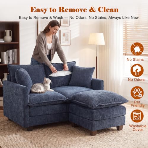 Image of 50'' Loveseat Sofa Set with Ottoman, Small Couch Set 2 Piece Cloud Love Seat 27 inch Deep Seat Washable Pillows Couches for Small Spaces Apartment Living Room, Blue