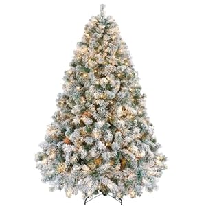 Yaheetech 6ft Snow Flocked Pre-lit Christmas Tree with 250 Warm White Lights, 820 Lush Branch Tips & Quick-Assembly Hinged Design, Full Artificial Xmas Tree for Winter Holiday Décor, Green & White