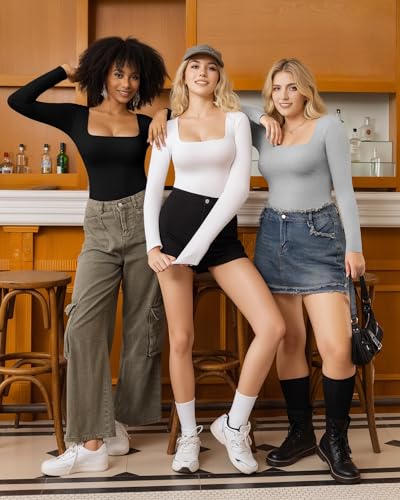 MANGOPOP Womens Square Neck T Shirts Long Sleeve Short Sleeve Tops Fitted Tees4