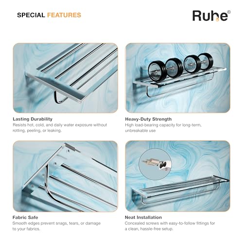 Image of Ruhe 24 Inch Aurum Bathroom Towel Rack /Towel Holder /Towel Stand | Wall Mounted Shelf with Hanging Rod, Durable Metal with Chrome Finish
