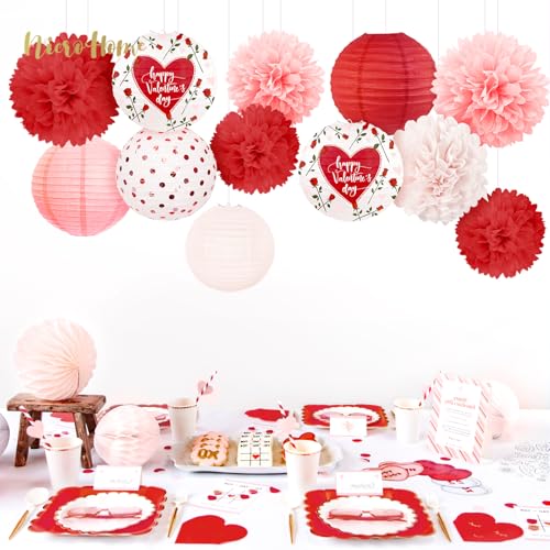 Image of NICROHOME EUR Valentine's Day Decorations, 12 PCS Pink Red Love Tissue Paper Pom Poms and Lanterns Set, Red rose heart printed paper flowers for Valentine's Day Party Supplies