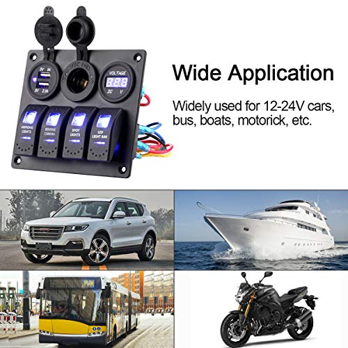 Garfour Waterproof Boat Rocker Switch Panel Aluminium Panel With 12V Voltmeter 3.1A Dual Usb Cigarette Lighter Socket 4 Bang Boat Switch Panel For Car Boat #TOP5