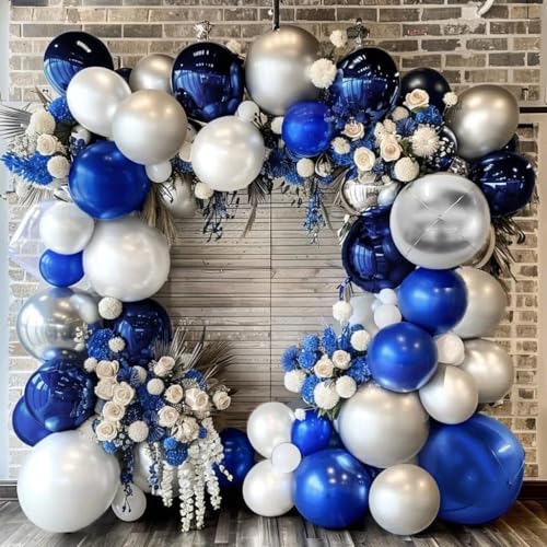 Image of Navy Blue White Balloons Royal Blue Silver Balloon Garland Arch Kit for Birthday Baby Shower Graduation Bridal Shower Business Party Decorations