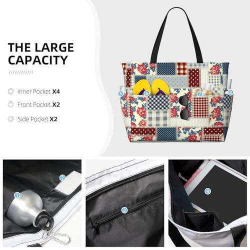 Patchwork In Country Style Print Large Beach Tote Bag for Women Extra Large Capacity Sandproof Waterproof Pool Bag Suitable for Swimming Pool Gym Groceries Travel3