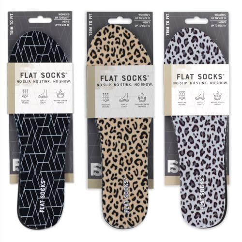 FLAT SOCKS 3 Pack Washable No Show Sockless Shoe Liners, Barefoot Show Inserts for Women and Men, Non Slip, Odor Control, Black, Leopard, Snow Leopard (Small)