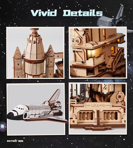 Image of ROKR 3D Wooden Puzzles Space Shuttle-Dynamic Launch Base with Motorized Lift, LED Light Effects, 1:420 Scale Collectible Building Kit Airplane Wooden Puzzles Gift for Adults
