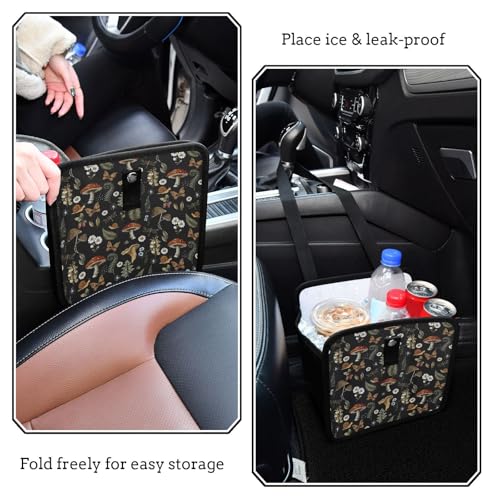Image of Mushrooms Car Trash Can, Foldable Hanging Car Trash Bag, Vintage Flower Butterfly Dragonfly Small Waterproof Car Accessories Garbage Bin