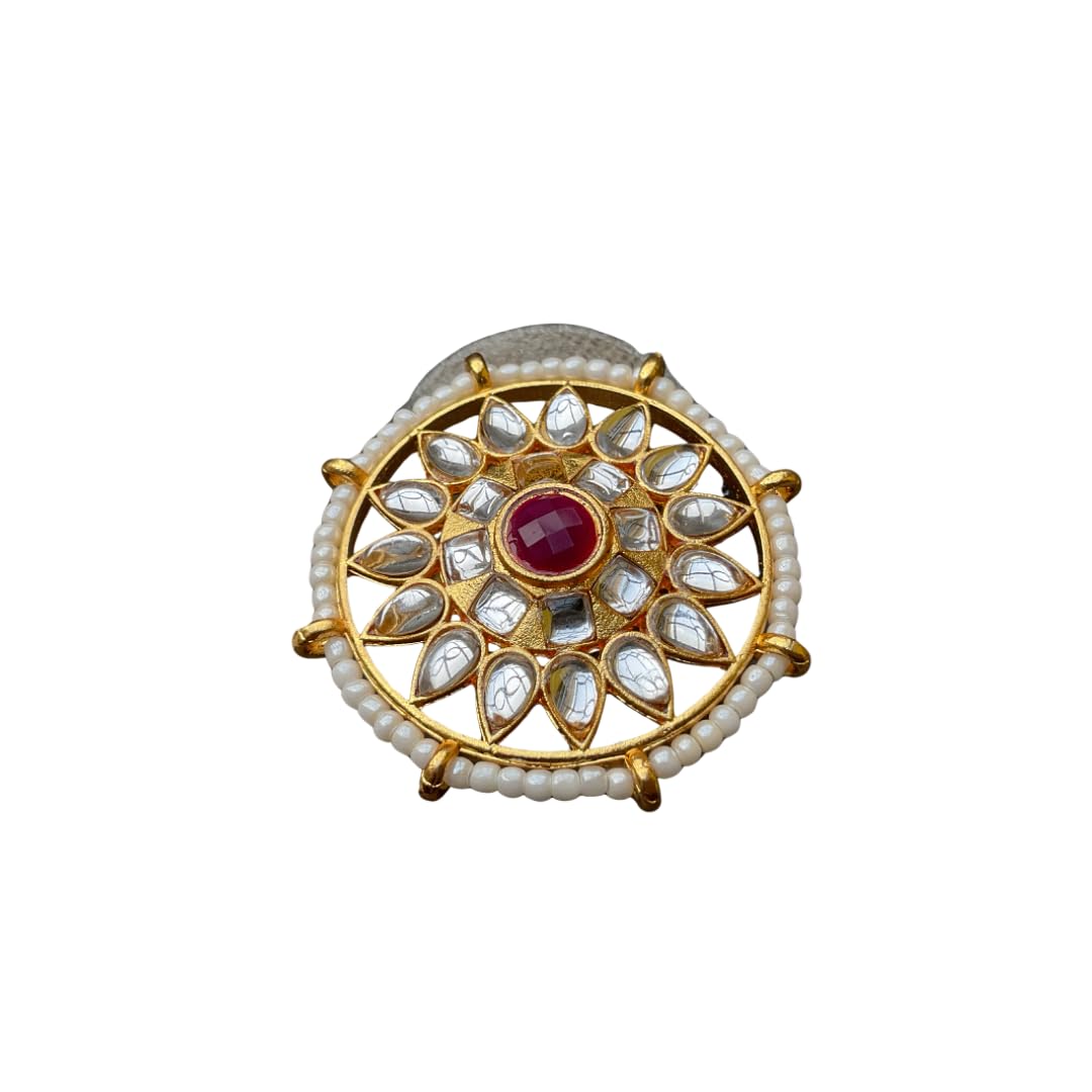 Kundan Ring with Pearl Border, Red Ruby Centre Stone, Gold-Plated Traditional Design-picture-46