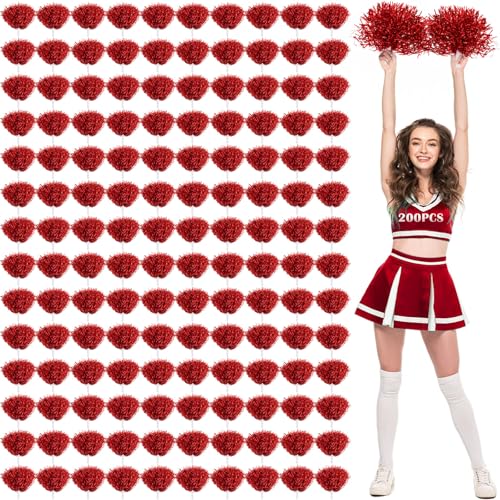 Jerify 120 Pcs Cheerleading Pom Poms Bulk Metallic Foil Cheerleader Pom Poms with Baton Handle Plastic Cheer Pompom Cheering Hand Flowers for Game Sports Squads Dance Party Basketball (Red)