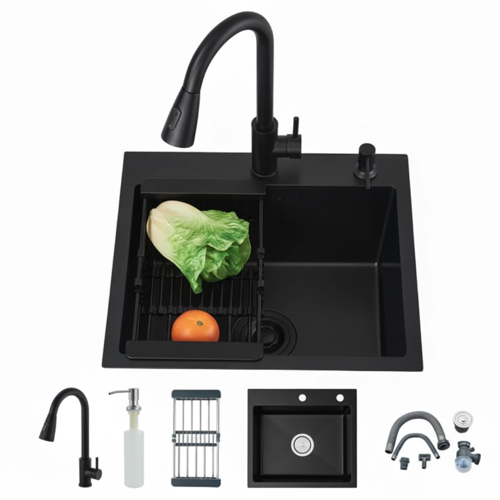 Évier de Cuisine Multifonctionnel Noir avec Robinet Extractible à 2 Modes de Pulvérisation Distributeur de Savon Égouttoir Rétractable Évier en Acier Inoxydable, 50 x 45 x 20 cm Evier 1 Bac