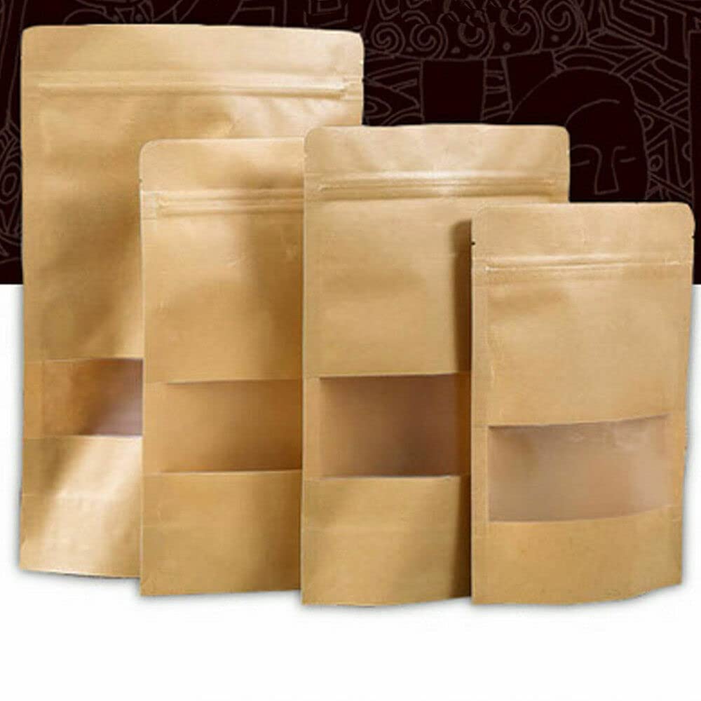 50Pcs Zipper Seal Lock Kraft Paper Bag Stand Up Pouch Resealable Window Display (20*30cm(7.8"x11.8"))