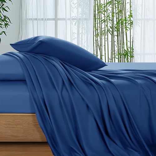 SONORO KATE 100% Viscose Derived from Bamboo_Sheets Queen Size, Ultra Breathable & Cooling Bed Sheets for Hot Sleepers, Hotel Luxury Silky Bedding Sheets, 16" Deep Pocket - 4PC (Navy Blue,Queen)