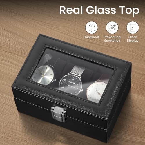 Image of Uten 3-Slot Watch Box, PU Leather Watch Case with Glass Lid, Watch Holder Organizer with Soft Pillow and Velvet Lining, Watch and Jewelry Storage Box, Black
