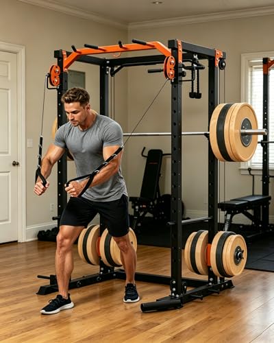 Image of Power Cage, Power Rack with Cable Crossover System, 2000LBS Squat Rack with LAT Pull Down System, Workout Cage with Pulley System for Fitness Home Gym Strength Training (Red&Black)
