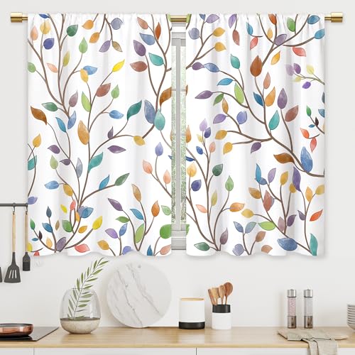 CINEKER Boho Leaf Floral Kitchen Curtains Colorful Botanical Leaves Bathroom Curtains Window Treatment Drapes Tier Bohemian Plant Cafe Small Bedroom Short French Door Curtains 2 Panels 27.5x39 Inch