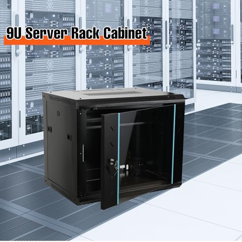 9U armadio rack del server di montaggio a parete con porta di vetro bloccabile, contenitore di stoccaggio della rete in acciaio per l'attrezzatura IT dell'ufficio domestico, ruote e progettazione di v