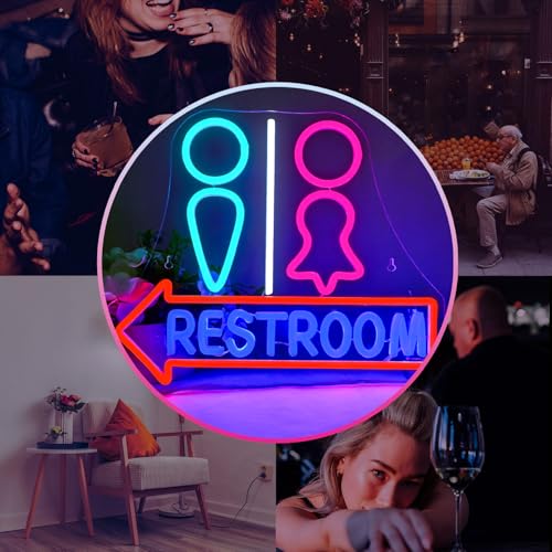 Image of Restroom with Arrow Neon Signs for Wall Decor Dimmable LED Gender Bathroom Sign,USB Powered Light for Bar Restaurant Business Bathroom Cafe Shop Home