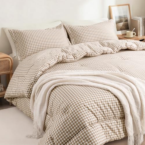 SunNewt Queen Comforter Set Tan Gingham Brown Grid Bed Comforter Modern Plaid Checkered Bedding Soft Fluffy Breathable Farmhouse Dorm Bedding All Seasons 3 Piece Set