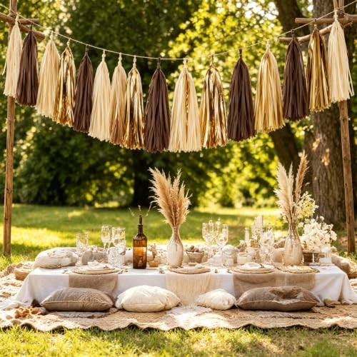 Image of Brown Tan Beige Cream Gold DIY Tissue Tassel Garland Party Tassel Banner Bunting Streamer for Boho Rustic Neutral Wedding Bridal Shower Western Party Decoration