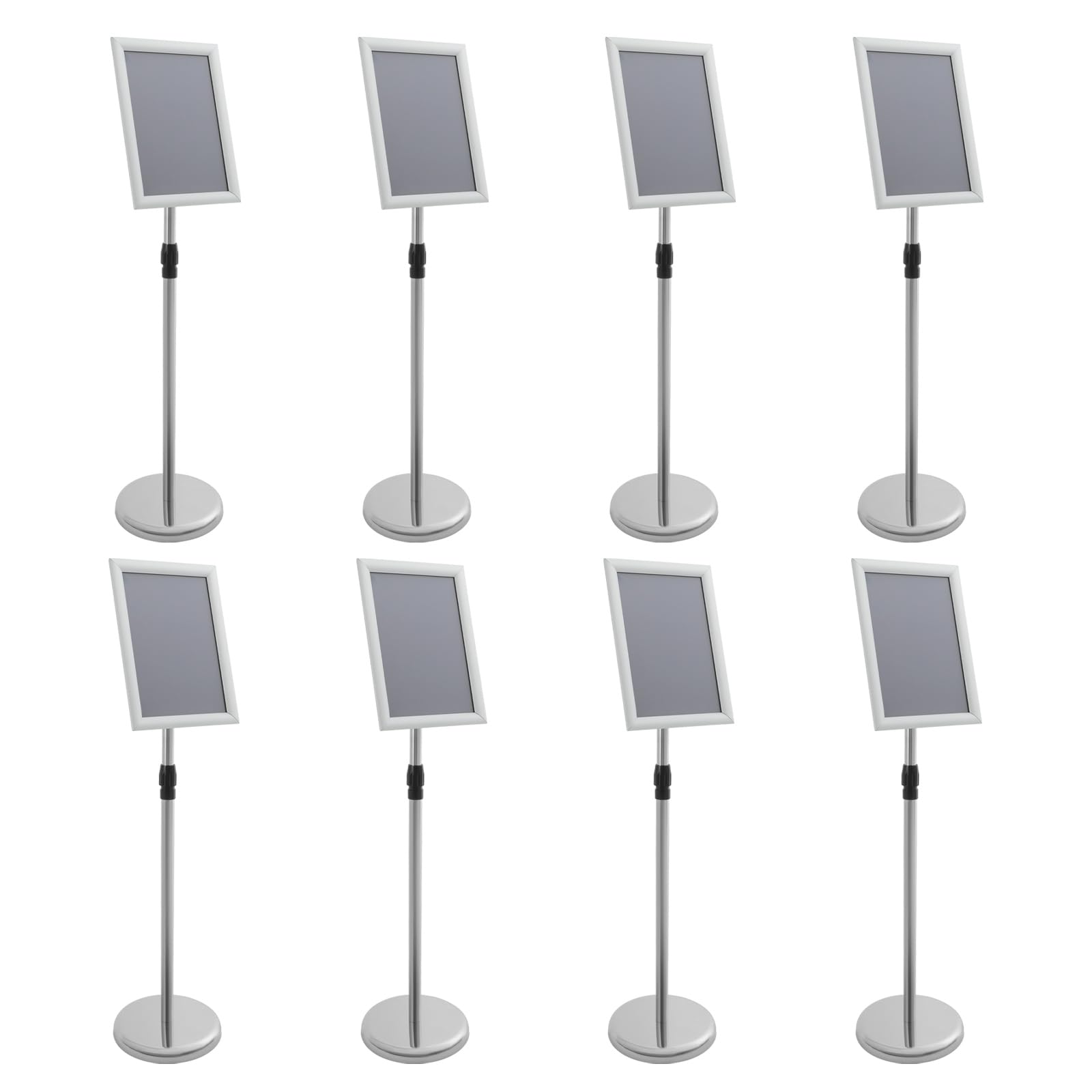 Juego de 8 soportes para carteles, 80 – 130 cm, altura ajustable, soporte de pie para carteles, A4, acero inoxidable, color plateado, para centros comerciales, bares, tiendas