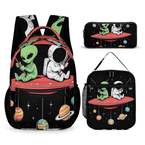 Travel Bookbag Set with Lunch Bags and Cosmetic Bag Alien And Astronaut Space Fishing Trip (2) Backpack with Lunch Box Storage Bag Backpack Bookbag Set