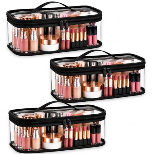 Image of RAAHII 3 Piece Transparent Makeup Organizer Bag for Women | Waterproof PVC Cosmetic Travel Pouch | Vanity & Toiletry Storage for Makeup, Skincare, Brushes & Accessories | Clear Organizer Case